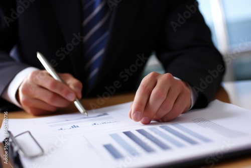 Close-up of male hand with pen over document. Businesswoman sitting at office desk signing a contract.
