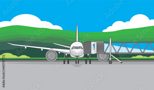 Plane Aircraft or airplane parking at the gate of airport with passenger boarding bridge or Jet Bridge or Aero Bridge background with mountain view drawing in vector