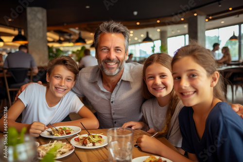Happy family at a restaurant having lunch. Father and three children eating.