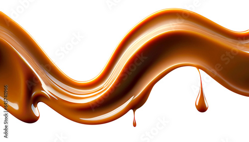 Delicious melted caramel texture. Flow, wave and drops splash caramels sauce. Sweet food isolated on white background. AI Generative