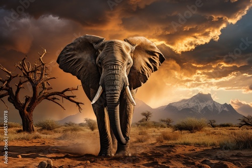 One adult African Elephant in the plains at sunset