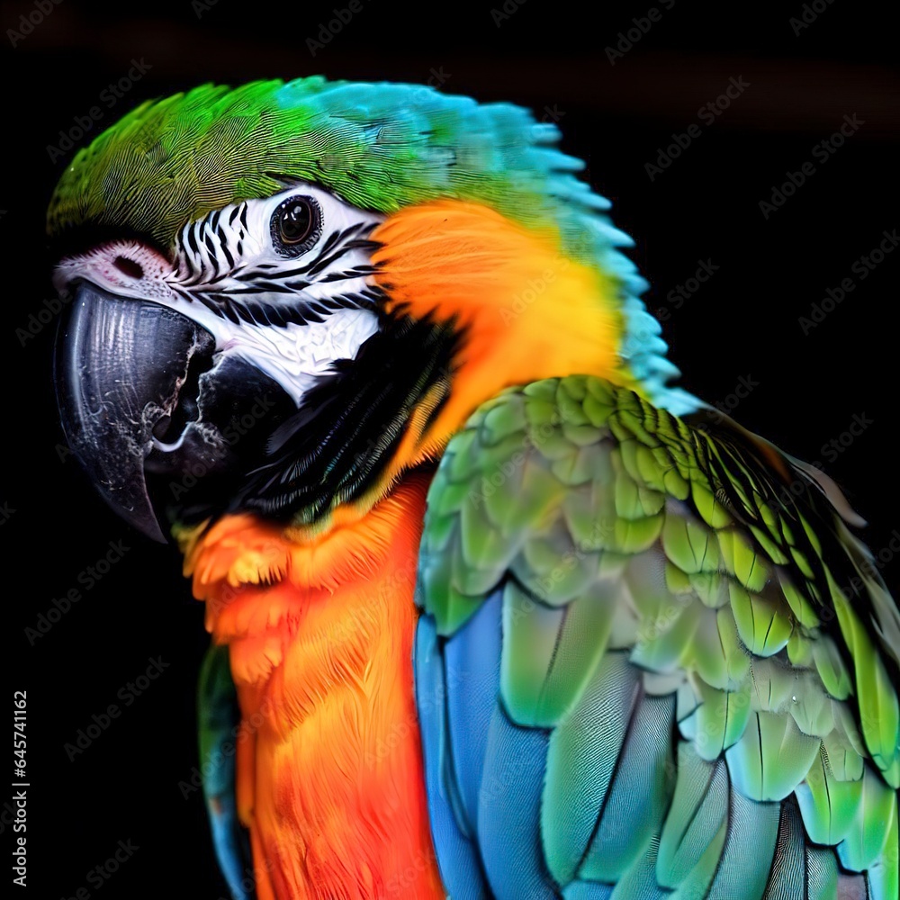 A colorful parrot with a black background and a black background