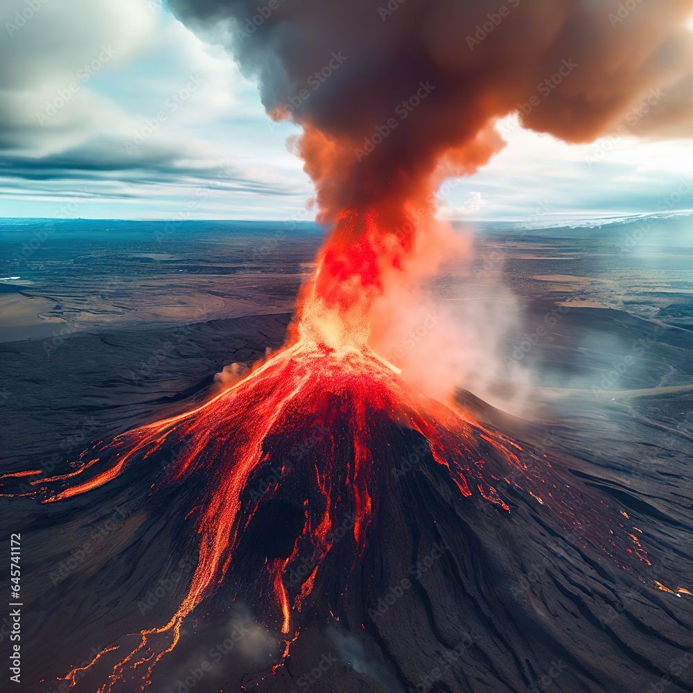 Aerial Panoramic view of Volcano Eruption, LitliHrútur Hill