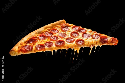 Slice of delicious fresh pizza isolated on black background