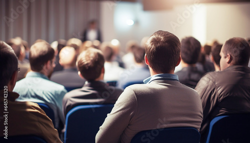 Business people or students are watching a presentation or attend a training or seminar in a lecture hall or auditorium. Conference hall full of people participating in the business training