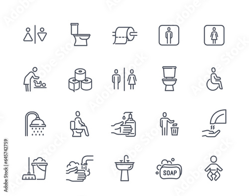 Toilet and WC icons set. Outline signs and symbols with women and men restroom, baby changing room, dryer and soap. Hygiene and sanitation. Linear flat vector collection isolated on white background