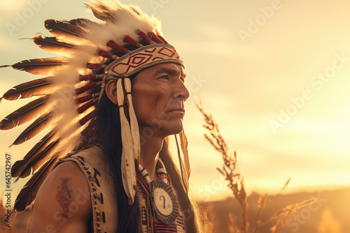 American Indian male chief profile, beautiful feathered headdress, grassland in the background photo