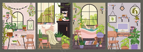 Home plants and flowers posters set. Banners with desk and girl resting in bathroom, cozy room and blooming greenery in pots. Interior and furniture design. Cartoon flat vector isolated on background