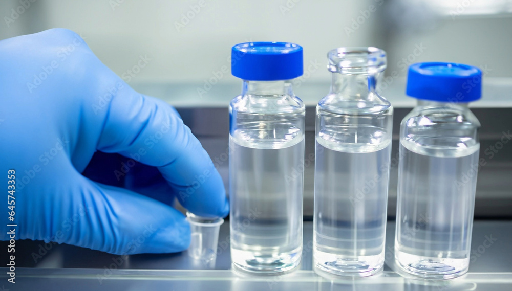 hand with sanitary gloves check Medical vials on production line at pharmaceutical factory, Pharmaceutical machine working pharmaceutical glass bottles production line, Generative Ai