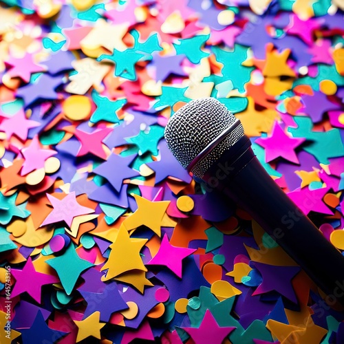 Paty background of colorful star shaped confetti with microphone photo