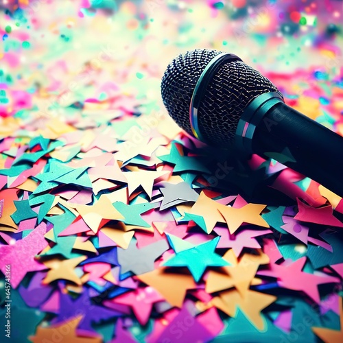Paty background of colorful star shaped confetti with microphone photo