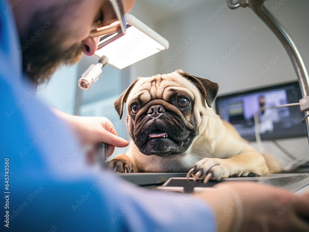 A veterinarian examines a pug in close-up. On a blue background.