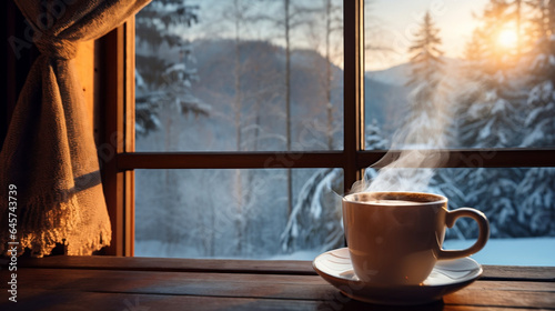 cup of coffee in a cabin during winter