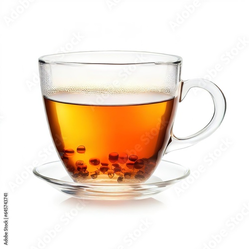 Transparent cup of tea isolated on white background