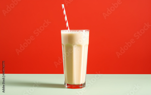 Glass of milk shake with straw on solid red background