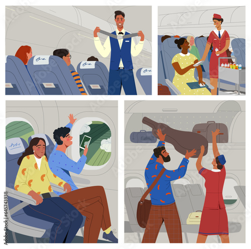 Passengers travel in airplane. Characters take pictures and sleep in aircraft. Stewardess staff serve and tell safety rules to people. Cartoon flat vector collection isolated on white background