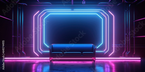 Simple cyber technology frame made of neon lines in a dark basement with a sofa. AI generation 