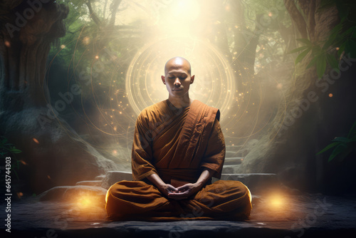 The monk is practicing meditation, nature background, chakra glowing light