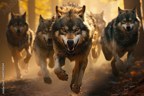 wolf pack running in the woods hunting for prey