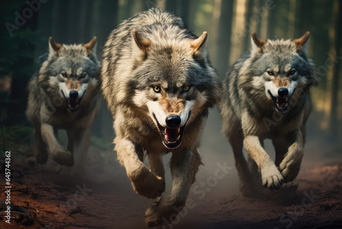 wolf pack running in the woods hunting for prey