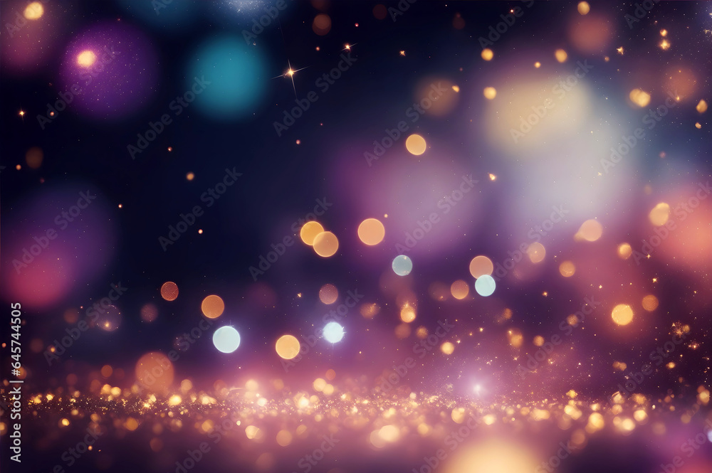 Blurred colorful bokeh, glowing round spots, lights festive background. New year greeting card with copyspace.