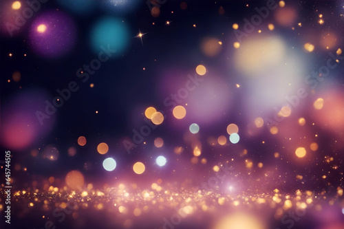 Blurred colorful bokeh, glowing round spots, lights festive background. New year greeting card with copyspace.