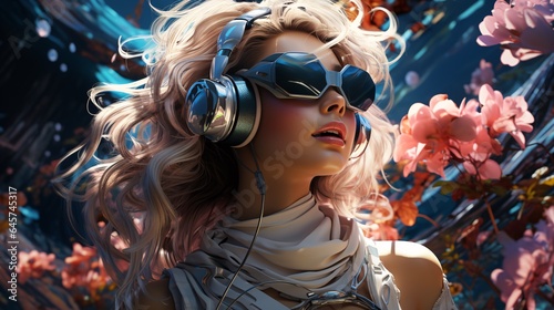 Beautiful girl in headphones and glasses.