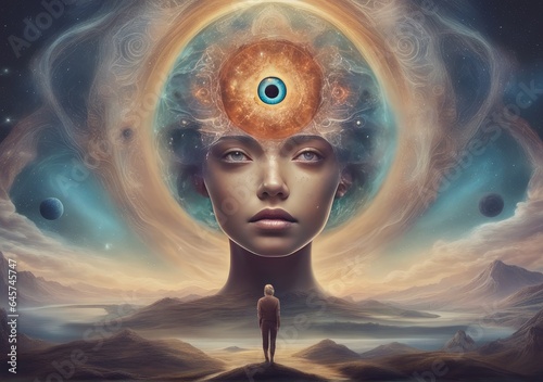 Visionary Dreamer with Third Eye Open, Exploring Otherworldly Realms, AI Generated. photo