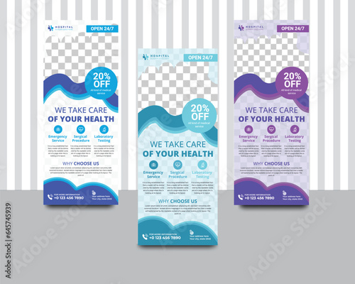 Medical rollup banner design template.  Elegant medical health care rollup banner template bundle. medical banner design template. Roll up banner. Corporate Business rollup template.