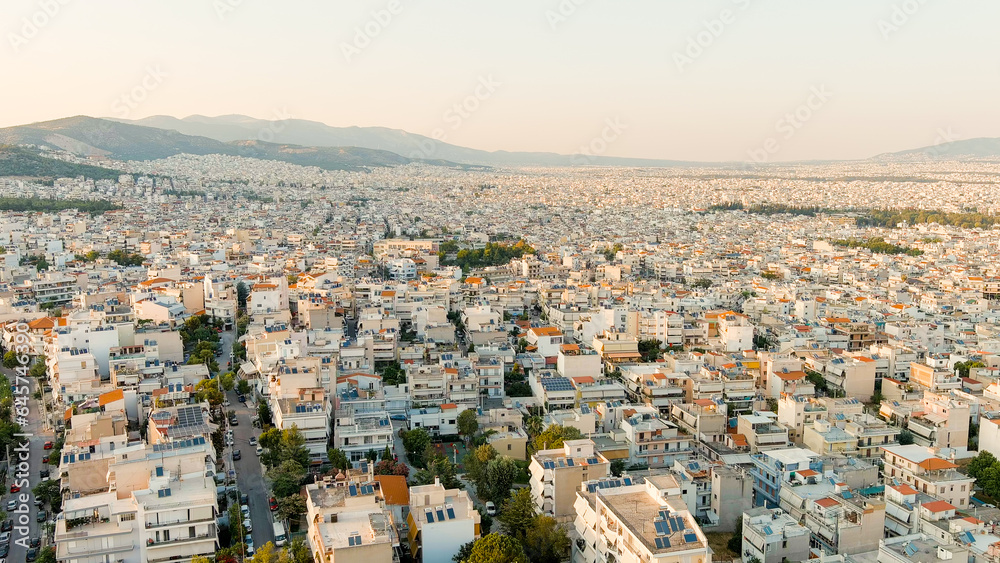 Athens, Greece. Panorama of the capital during sunset. Roofs of houses, Aerial View