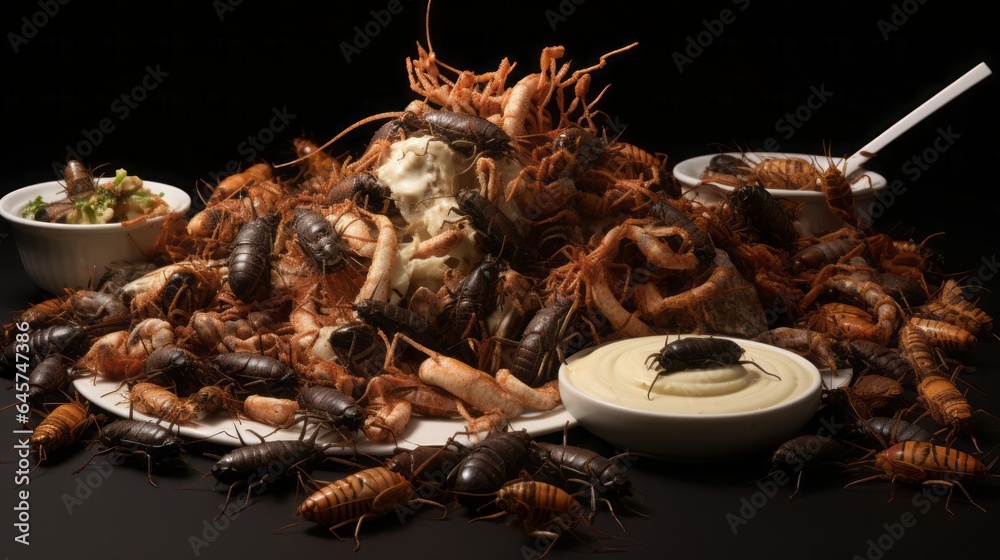 Food consisting of crickets, mealworms, caterpillars, maggots, beetles, concept alternative