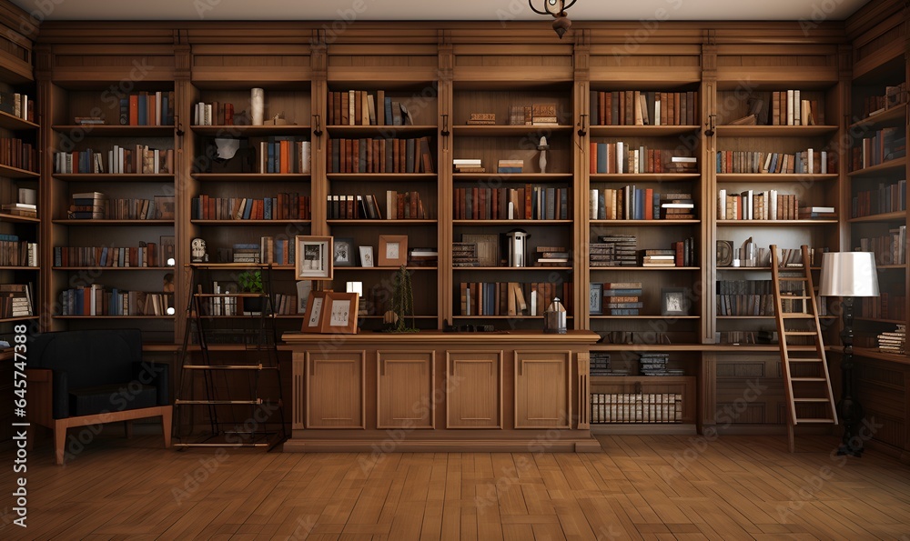 wooden minimalist home library, ai generative