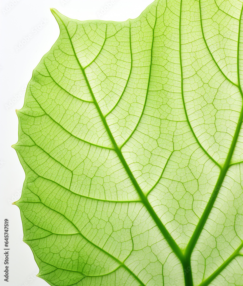 Fototapeta premium Green leaf on white background, macro detail