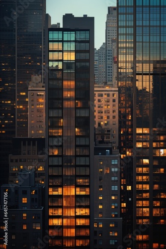 Facades of skyscrapers in a large metropolis with sunset reflection and light in the windows. AI generation 