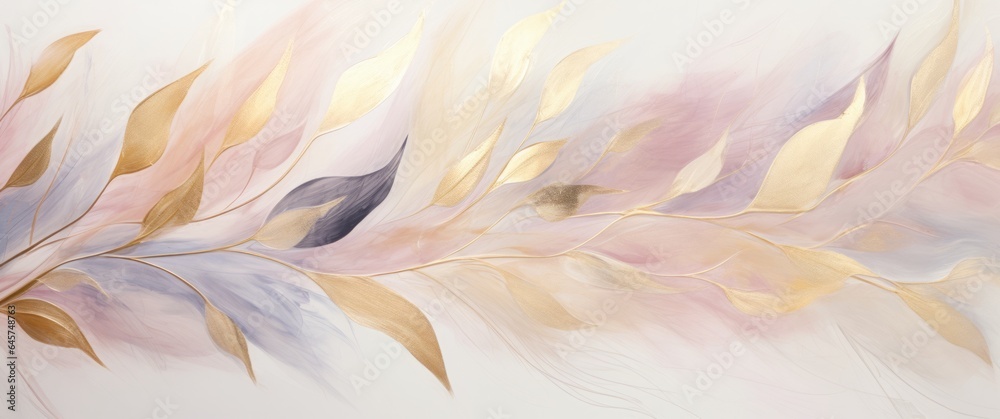 Gold Abstract Art on Leafy Background with Dark White and Light Pink Tones in Aquarellist Style