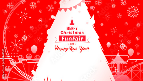 Merry Christmas and Happy New Year with amusement funfair, snowflakes and fireworks background.