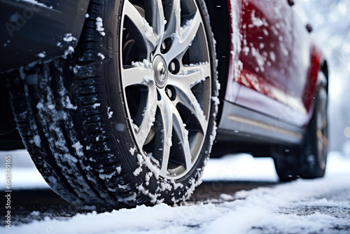 Winter tires on snowy road. Car wheels on a highway with snow risk. Travel and adventure at winter season.