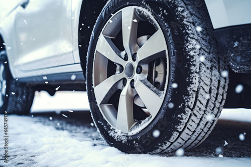 Winter tires on snowy road. Car wheels on a highway with snow risk. Travel and adventure at winter season.