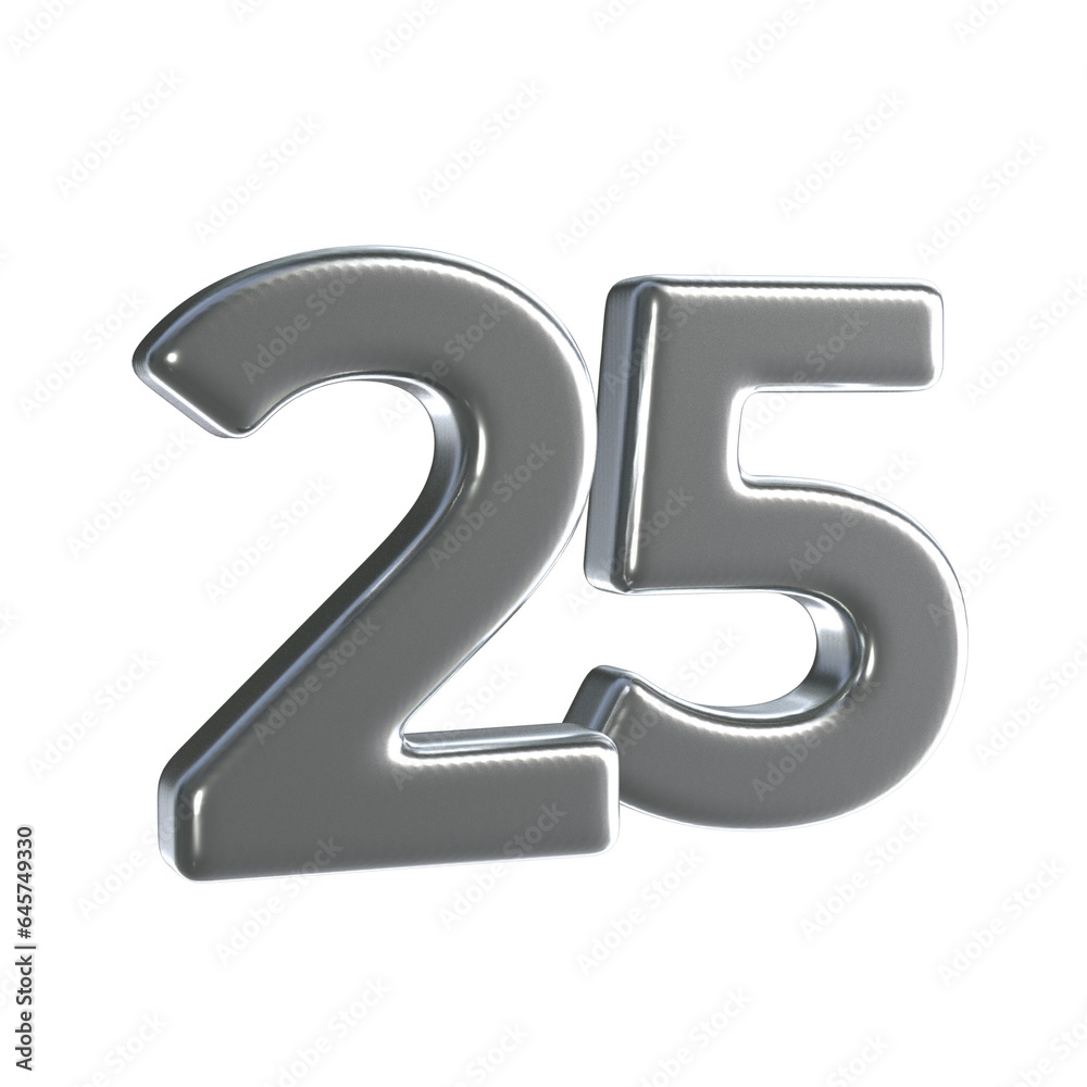 Number 25 3D render with Silver material