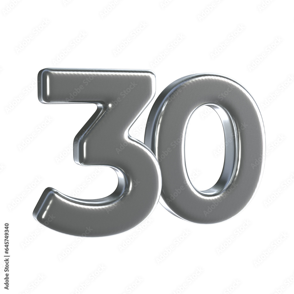 Number 30 3D render with Silver material Number 30 3D render with Silver material