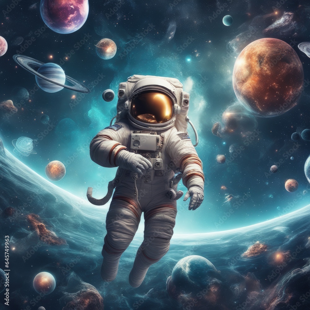 Fototapeta premium Surreal Astronaut Floating Amid Cosmic Wonders in Deep Space, AI Generated.