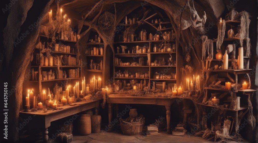 Mystical Witch's Lair: Potions, Spellbooks, and Candlelit Enchantment, Halloween, AI Generated. - obrazy, fototapety, plakaty 