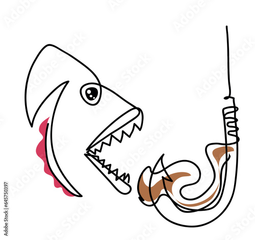 One line drawing of fish with meat
One continuous line drawing of fish attacking to fishing hook.