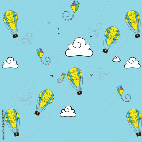 Patrones del cielo con Globo aerostático, ilustraciones vectoriales.