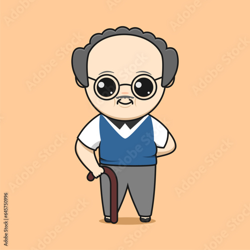 illustration of a cute grandfather with bald hair and mustache carrying a stick