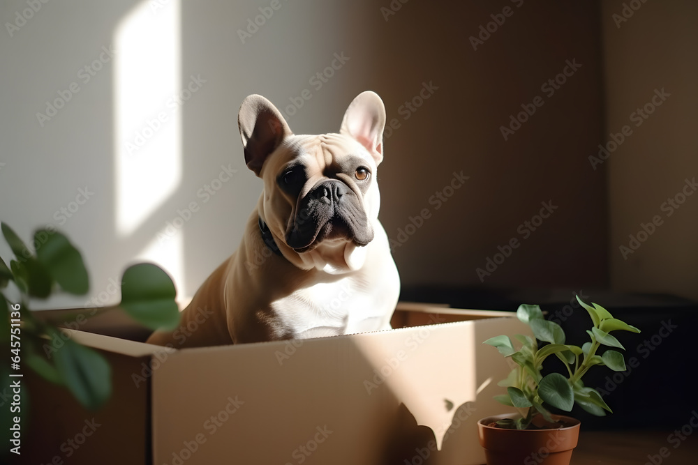 Dog in box in living room background, packing delivery. Concept relocation and moving day to new house