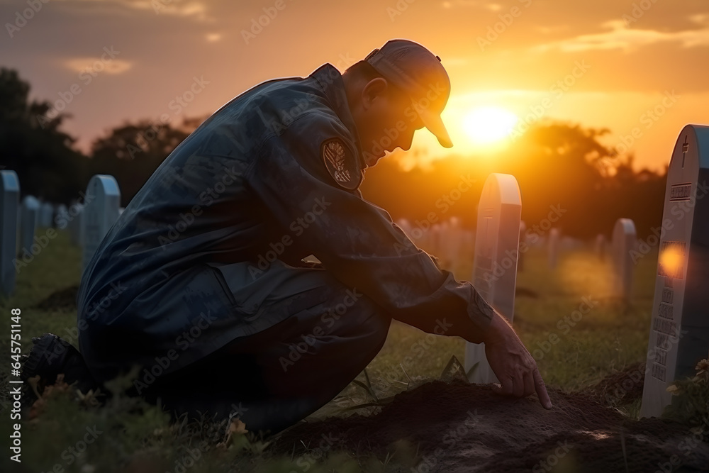 Military man kneeling of grave fallen soldier, sunset. Concept veteran of war. Generation AI. - obrazy, fototapety, plakaty 