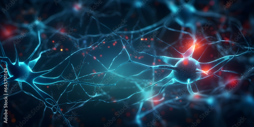 Nerve cell blue color banner, system neuron of brain with synapses. Medicine biology background. Generation AI