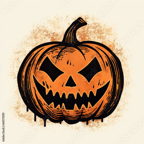 Orange Scary Halloween Jack’O’Lantern Pumpkin Block Print Illustration