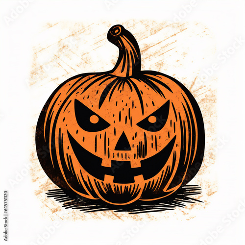 Orange Scary Halloween Jack’O’Lantern Pumpkin Block Print Illustration